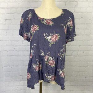 ⭐ 3/$15 Arizona Jean Co XL Purple Floral Ruffle Peplum Top With Short Sleeves
